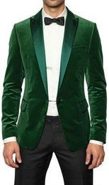 Customise Green Velvet Groom Tuxedos Peaked Lapel One Button Groomsmen Men Formal Suits Business Prom Suit (Jacket+Pants+Bows Tie)NO:72