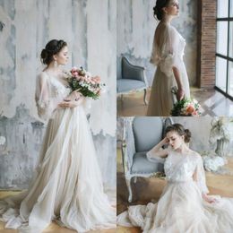 Fairy Modest Bohemian Cheap Country Wedding Dresses Illusion Applique Beaded Cross Bridal beach robe de mariée 2018 Design Sleeves Summer