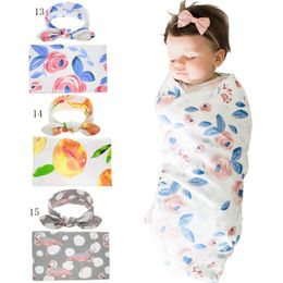 16 Colours Newborn Baby Baby cotton Swaddle 2pc set rabbit ears bow headband+swaddle floral yellow peach flamingo printing blankets C2468