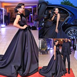 Custom Black Ball Gown Evening Dresses High Collar Red Carpet Celebrity Dresses With Bow Sash 2018 nigerian vestidos festa Long Train