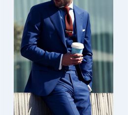 Fashion Blue 3 Piece Suit Groom Tuxedos Bridegroom Wedding Suit High Quality Men Wedding Prom Dinner Blazer(Jacket+Pants+Tie+Vest) 444