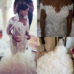 Plus Size 2019 New Mermaid Wedding Dresses Long Sleeves Lace Appliques Ruffles Tiered Skirt Bridal Gowns Garden Vestidos De Mariee Custom