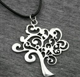 free ship 20pcs/lot Tibetan Silver Tree Charms Black Leather Cord Necklace DIY