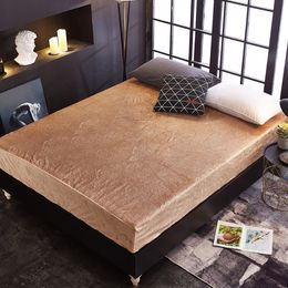 Quality 5D Embossed velvet waterproof bed Sheet Warm Flannel Fleece 28cm Hight Fitted Sheet Bed Solid Color Free Shipping