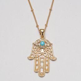 Gold Color Ethnic Hamsa Fatima Hand Charm Pendant Necklaces For Women Men Evil Eye Boho Blue Stone Bohemian Jewelry Accessories