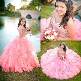 Ball New Pink Gown Quinceanera Sweet 16 Dress Beaded Crystals Tiered Organza Backless Long Prom Dresses Custom es