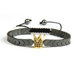 Cz Crown Men Bracelets Wholesale Micro Pave Black Cz Gold Crown Macrame Bracelet with Hematite Stone Beads Gift For Men