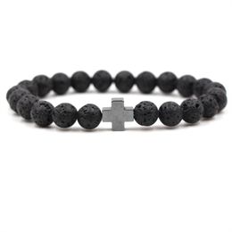 8mm Natural Black Lava Stone Beads Cross Charm Bracelet Essential Oil Perfume Diffuser Bracelets Yoga Jewellery