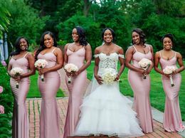 핑크 아프리카 나이지리아 뉴 인어 신부 들러리 드레스 스파게티 스트랩 스윕 기차 웨딩 게스트 게스트 공식 가운 메이드 명예 드레스