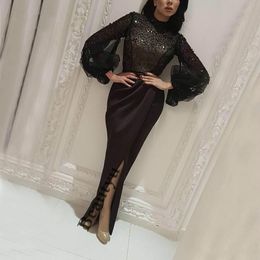 Sexy Bead Front Split Evening Dresses Long Sleeve Puffy Saudi African Vestidos De Festa Long Party Dress Prom Formal Pageant Celebrity Gowns