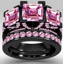 choucong Style Princess cut 6ct Pink Sapphrie 5A Zircon stone Black gold 925 Sterling silver Engagement Wedding band Ring Set