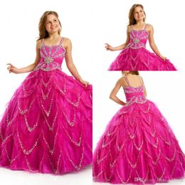 Sugar Fuschia Beaded Girls Pageant Dress Princess Ball Gown Party Cupcake Prom Dress For Young Short Girl Pretty Dress For Little Kid