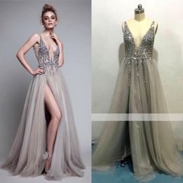 Real Image Thigh Split Evening Dresses Plunging Neckline Appliques Backless Prom Gowns Floor Length Tulle Evening Party Dress