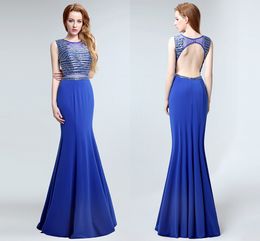 New Sexy Fashion Free Shipping Blue Long Tail Fishtail Evening Dresses Big Round Neck Back Hollow Ballroom Dresses Prom Dresses HY059