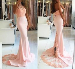 Lace New Pink Mermaid Prom Dresses Halter Neck Backless Applique Beads Pleats Sweep Train Elegant Formal Dress Evening Gowns Vestidos