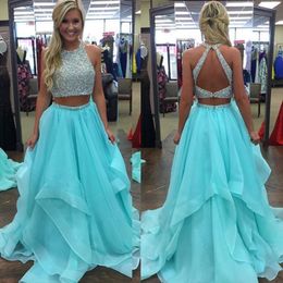 Ice Blue Ruffles Long Two Piece Prom Dresses Sexy Beaded Graduation Party Dresses Open Back Evening Formal Gowns for Teen Girls