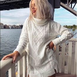 Women's White Turtleneck Sweater Hollow Out Coarse Cable Knit Oversized Sweater Dress Winter Women Warm Baggy Sweater Female S18100902