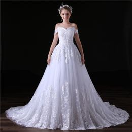 Stunning Lace Ball Gown Wedding Dresses Off the Shoulder Zipper Back Court Train Bridal Gowns Applique with Beads Sequins Lace Edge