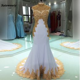 Sexy Long Evening Dress Mermaid High Neck Beading Crystal Gold Embroidery White Muslim Arabic Formal Party Gowns Prom Dress