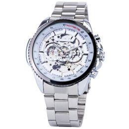 Fashion WINNER Men's Mechanicl Watch Silver Stainless Steel Strap Top Auto Skeleton Wristwatch Male Business Clock