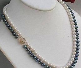 FFREE SHIPPING** 2Rows 8-9mm Genuine Natural Black & White Akoya Cultured Pearl Necklace