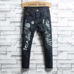 Men Painted jeans Printing Distressed Ripped Denim Pants Casual Fashionable Pencil Pants Mid Waist Colorful