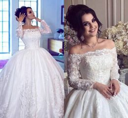 Stunning Bateau Neck Plus Size Lace Wedding Dresses Illusion Floral Long Sleeve Appliques Ball Vestido de novia Formal Bridal Gown Arabic