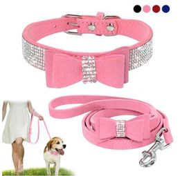 Soft Seude Leather Puppy Dog Collar and Leash Set Bling Rhinestone Bowknot Small Medium Dogs Cat Collars Walking Rope Pink