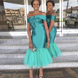Teal Off Shoulder Long Bridesmaid Dresses Short Sleeves Prom Gowns With Lace Applique Tiered Ruffle Custom Made Ankle-Length Evening Dresses