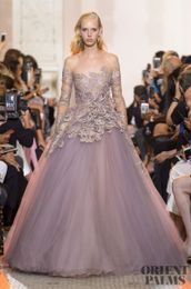 ELIE SAAB Prom Dresses A Line Sheer Jewel Neck Illusion Long Sleeve Appliques Sequins Lace Evening Gowns Sexy Formal Dress Party Wear