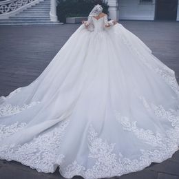Long Sleeve Tulle Vestido De Novia Off Shoulder Long Sleeves Lace Appliques Ball Gown Wedding Dress Elegance Plus Size Wedding Gown Cheap