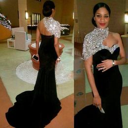 Luxury Black Long Mermaid Evening Dresses 2021 High Neck Crystal Beaded Short Sleeves Women Pageant Gown Formal Prom Party Free Shipping