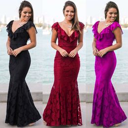 Chic V neck Mermaid Evening dresses Formal Gowns Lace Bodice Open Back Floor Length Wine Red Black Hot Pink Celebrity Prom Dress Sexy