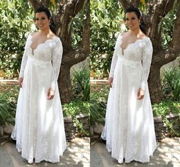 2019 Plus Size Wedding Dresses With Long Sleeve Lace Scoop Sash Ribbon Hand Made Flowers Bridal Party Dress Wedding Gowns Custom Made