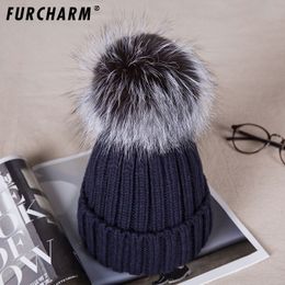 Frauen Echtpelz Pom Pom Hut Weibliche Winter Wolle Herbst Gestrickte Mützen Pelz Ball Cap Damen Kaschmir Silber fuchs Pelz pompom Hut D18110601