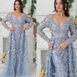 2019 Luxury Mermaid Prom Dresses With Detachable Skirt Lace 3D Floral Appliques Pearls Sweep Train Long Sleeve Evening Gowns V Neck