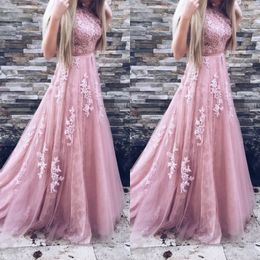 Stunning 3D Flower Evening Dresses 2018 Jewel Neck A Line Floor Length Dusty Rose Pink Tulle and Lace Formal Evening Gowns