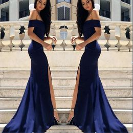 New Design Sexy Bateau Neckline Long Mermaid Prom Dresses Sexy Side Split Dark Blue Long Party Dresses Evening Wear Gowns Custom Made