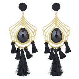 5 Colors Bohemian Gold Alloy Big Crystal Fringe Tassel Long Drop Earrings for Women Party Jewelry