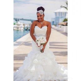 Gorgeous Ruffle Organza Mermaid Wedding Dresses Africa Tiers Beads Sash African Plus Size Bridal Gowns Custom Bride Dresses