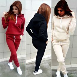 2018 New Arrival Fall&winter Casual Hoodie 2pcs Womens Tracksuit Coat+pants Suit Exercise Sweatshirt Wine Red 3colors Hot