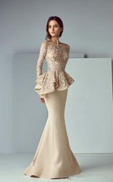 Champagne Lace Long Sleeves Mermaid Evening Dresses Arabic Sheer Mesh Top Satin Peplum Floor Length Formal Party Prom Dresses BA81302p