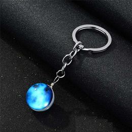 Luminous Glow in the Dark Keychain Earth Moon Star Galaxy Universe Glass Cabochon Keychain Rings Fashion Gift DROP SHIP