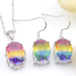 Lucky Shine Fashion Classic Women Sets Oval Bi Colored Tourmaline 925 Sterling Silver Necklace Zircon Pendants Earrings Gift Jewelry