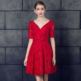 New Red Lace Deep V-Neck Formal Evening Dresses Short Fashion Halter Strap Small Dress Prom Party Dresses HY068