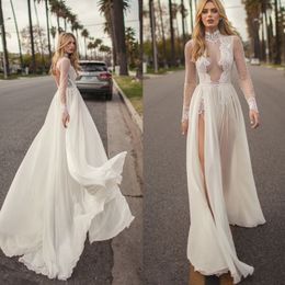 A Line Beach Split Wedding Dresses Muse by Berta High Neck Long Sleeves Open Backless Bridal Gowns Chiffon Country Wedding Dress