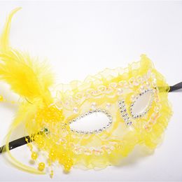 Side Feather Lace Pearl Mask, Sexy Girl Half Face Mask for Party Bar Photography Nightclub Show - 4 Colours