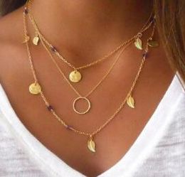hot new European and American jewelry fashion multi-layer geometric leaf chain double layer leaf necklace round piece collar jewelry fashion