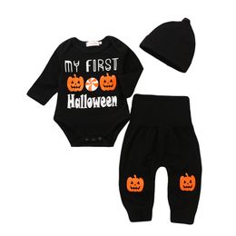 Halloween Baby outfits infant boys girls pumpkin print romper+pants with hat 3pcs/set 2018 Autumn fashion kids Clothing Sets C5112