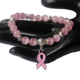 -Bracelet à breloques en ruban rose pour la sensibilisation au cancer du sein